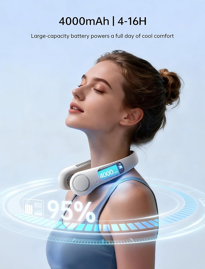 Rechargeable Portable Neck Fan, 5 Speeds, 4000 mAh Battery
