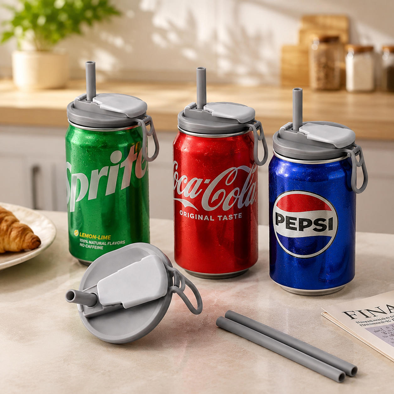 Grey Soda Can Lid with Straw – Reusable BPA-Free Drink Cover